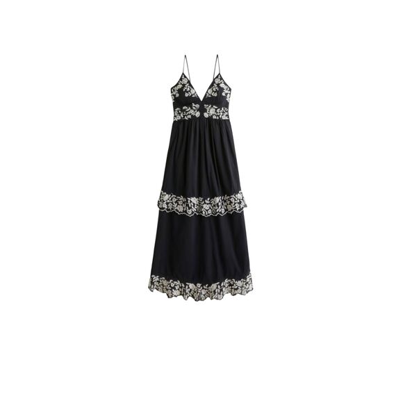 NWOT Abercrombie Dress Women's Large Black Tiered Ruffle Maxi Embroidered - Picture 3 of 8